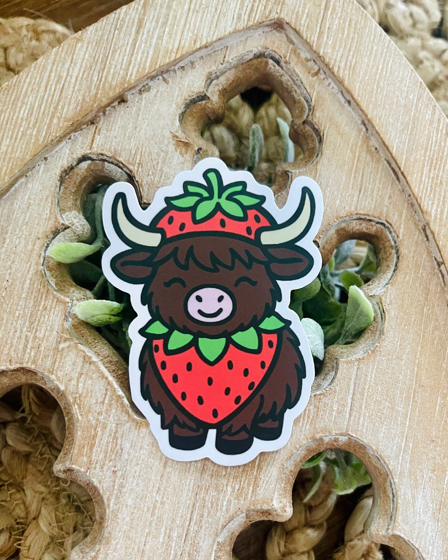 Strawberry Highland Cow Vinyl Sticker