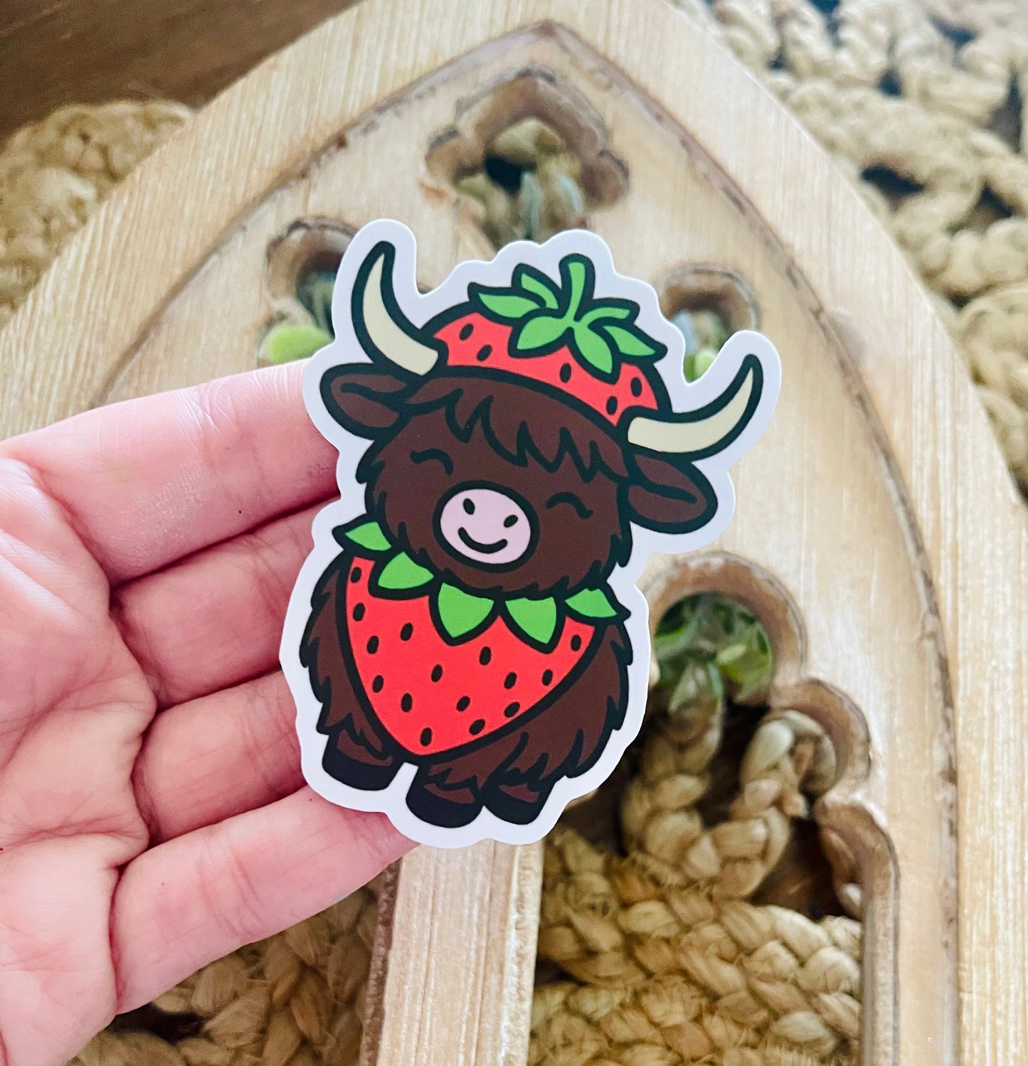 Strawberry Highland Cow Vinyl Sticker